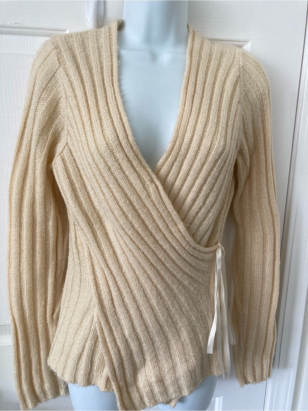 VENUS Cream Ribbed Wrap Cardigan with Side Tie